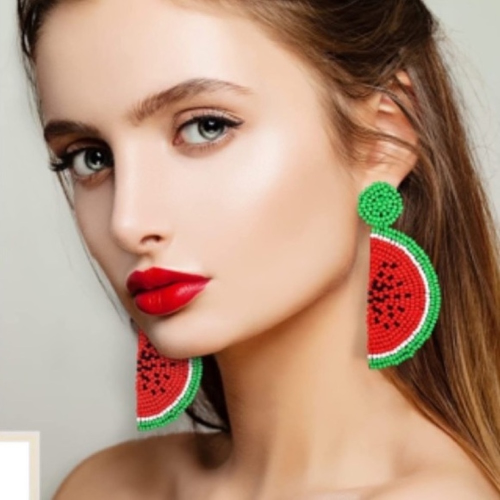 Watermelon Fruit Seed Bead Earrings